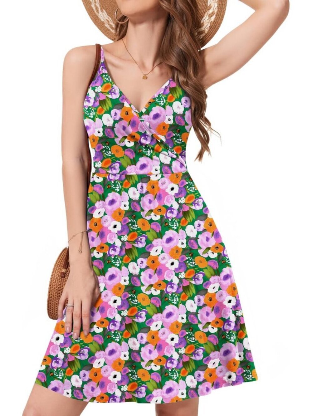Women's Purple Flower Green Spaghetti Sundress Casual Beach Flowy Mini Dress